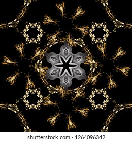 Golden elements in oriental style arabesques. Seamless pattern on brown and black colors. Vector golden seamless pattern. Seamless golden textured curls.