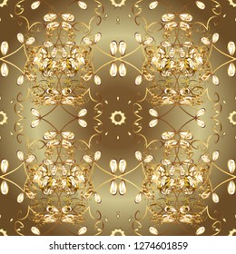 Golden elements in oriental style arabesques. Seamless golden textured curls. Vector golden seamless pattern. Seamless pattern on brown and beige colors.