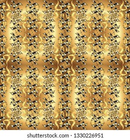 Golden elements in oriental style arabesques. Vector golden seamless pattern. Seamless pattern on beige and yellow colors. Seamless golden textured curls.