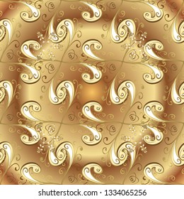 Golden elements in oriental style arabesques. Seamless pattern on beige and brown colors. Seamless golden textured curls. Vector golden seamless pattern.