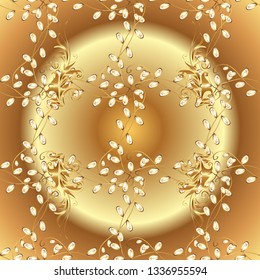 Golden elements in oriental style arabesques. Seamless pattern on beige and brown colors. Vector golden seamless pattern. Seamless golden textured curls.