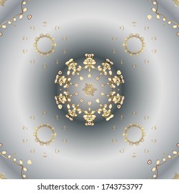 Golden elements in oriental style arabesques. Seamless golden textured curls. Vector golden seamless pattern. Seamless pattern on gray and neutral colors.