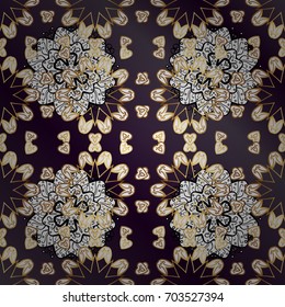 Golden elements in oriental style arabesques. On purple and lilac background. Vector golden. Golden textured curls.