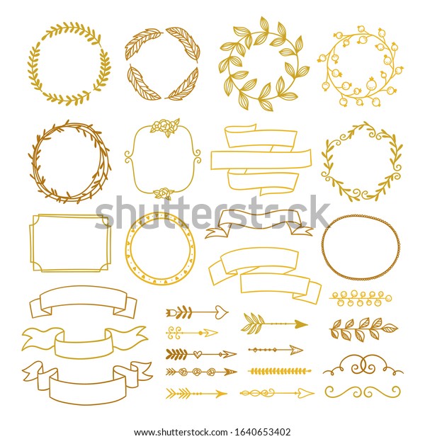 Golden\
elements vector collection. Hand drawn wreaths, ribbons, arrows,\
borders, dividers and frames on white\
background