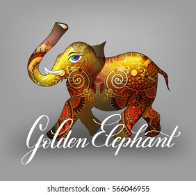 golden elephant decorative 3d vector illustration with flower paisley pattern and calligraphic inscription