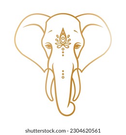 Golden elephant head in outline style. Vector illustration isolated on a white background