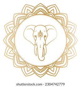 Golden elephant head in an round ornate frame in outline style. Vector illustration isolated on a white background