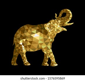 a Golden elephant held up its trunk, an elephant of polygons on a black background.