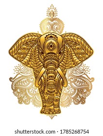Golden elephant with mandala. Ornamental card. Vector illustration. Meditation, yoga, india, arabic for logos banners flyers svg