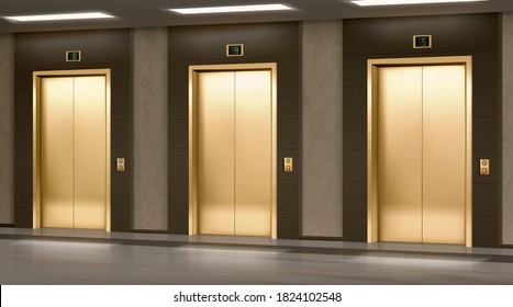 Golden elevator with closed doors in hallway. Vector realistic empty modern office or hotel lobby interior with luxury gold lift, panel with buttons and floor display on wall