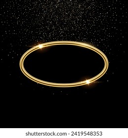 Golden ellipse frame for picture with shadow on black background. Blank space for picture, painting, card or photo. 3d realistic steel tube template vector illustration. Simple object mockup.