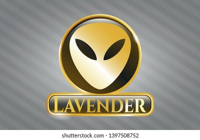  Golden emblem with alien icon and Lavender text inside