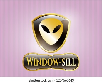  Golden emblem with alien icon and Window-sill text inside