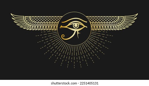 Golden Emblem of Ancient Egyptian Symbol Eye of Horus isolated on Black Background. Vector illustration.