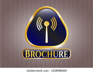  Golden emblem with antenna signal icon and Brochure text inside