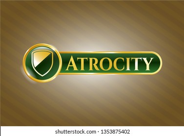  Golden emblem with armor icon and Atrocity text inside