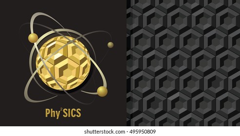 Golden emblem of atomic nucleus. Science background. Vector illustration