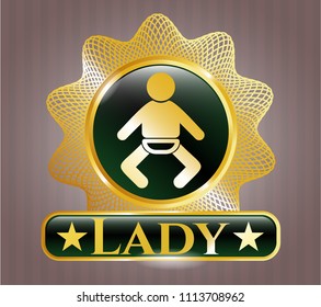   Golden emblem with baby icon and Lady text inside