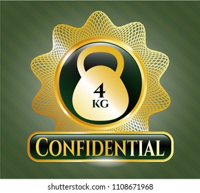   Golden emblem or badge with 4kg kettlebell icon and Confidential text inside