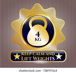  Golden emblem or badge with 4kg kettlebell icon and Keep Calm and Lift Weights text inside