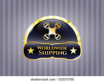  Golden emblem or badge with air drone icon and Worldwide Shipping text inside
