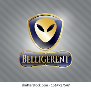  Golden emblem or badge with alien icon and Belligerent text inside