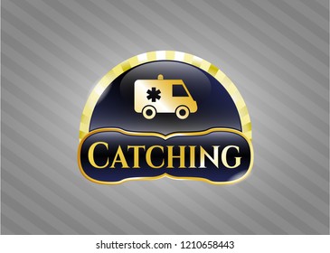  Golden emblem or badge with ambulance icon and Catching text inside