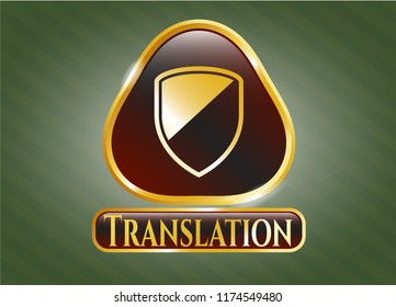  Golden emblem or badge with armor icon and Translation text inside