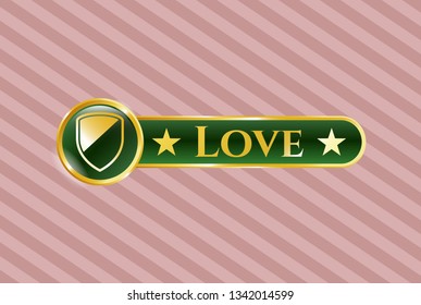  Golden emblem or badge with armor icon and Love text inside