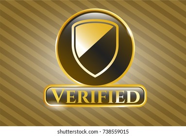  Golden emblem or badge with armor icon and Verified text inside