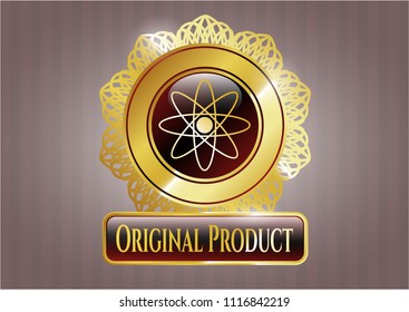  Golden emblem or badge with atom icon and Original Product text inside