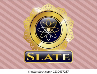 Golden emblem or badge with atom icon and Slate text inside