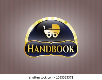  Golden emblem or badge with baby cart icon and Handbook text inside