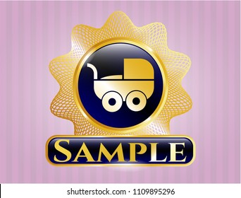   Golden emblem or badge with baby cart icon and Sample text inside