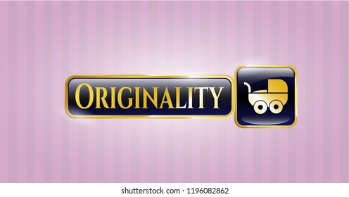  Golden emblem or badge with baby cart icon and Originality text inside