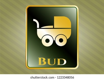  Golden emblem or badge with baby cart icon and Bud text inside