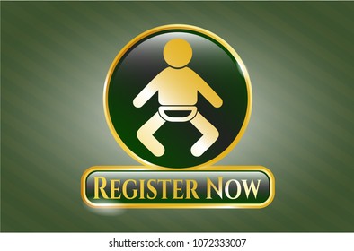   Golden emblem or badge with baby icon and Register Now text inside