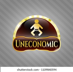   Golden emblem or badge with baby icon and Uneconomic text inside