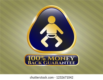  Golden emblem or badge with baby icon and 100% Money Back Guarantee text inside