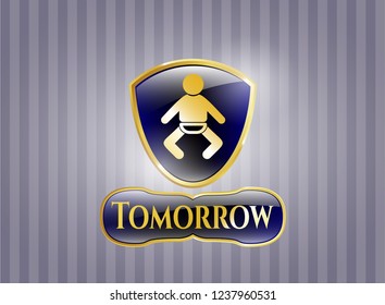  Golden emblem or badge with baby icon and Tomorrow text inside