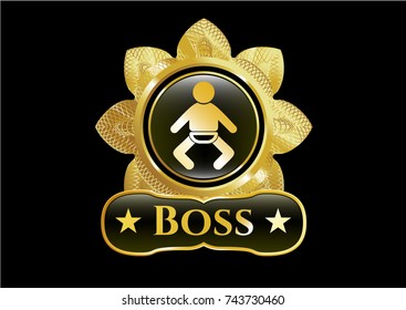  Golden emblem or badge with baby icon and Boss text inside