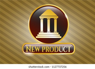  Golden emblem or badge with bank icon and New Product text inside