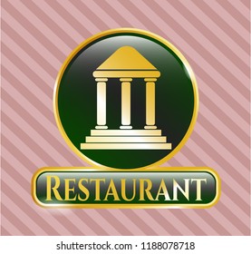  Golden emblem or badge with bank icon and Restaurant text inside
