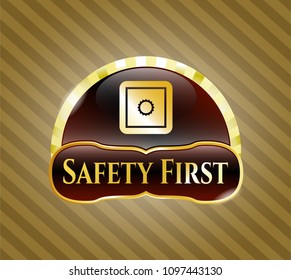   Golden emblem or badge with bank safe icon and Safety First text inside