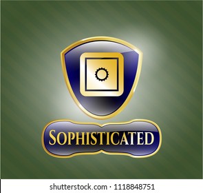  Golden emblem or badge with bank safe icon and Sophisticated text inside