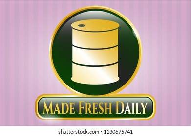  Golden emblem or badge with barrel icon and Made Fresh Daily text inside