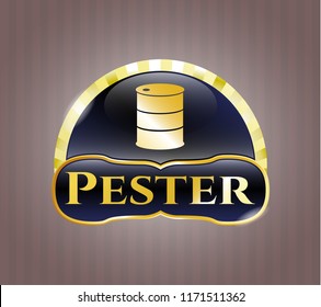 Golden emblem or badge with barrel icon and Pester text inside