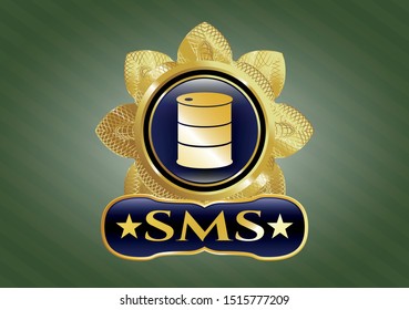  Golden emblem or badge with barrel icon and SMS text inside