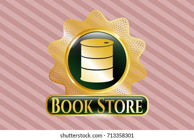  Golden emblem or badge with barrel icon and Book Store text inside