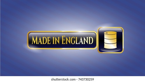  Golden emblem or badge with barrel icon and Made in England text inside